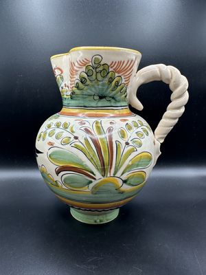 Pottery. Spain. Sanguino. Pitcher. Ivory Painted w/Yellow, Green, &amp; Brown Bird &amp; Leaves. Vintage. 8"H