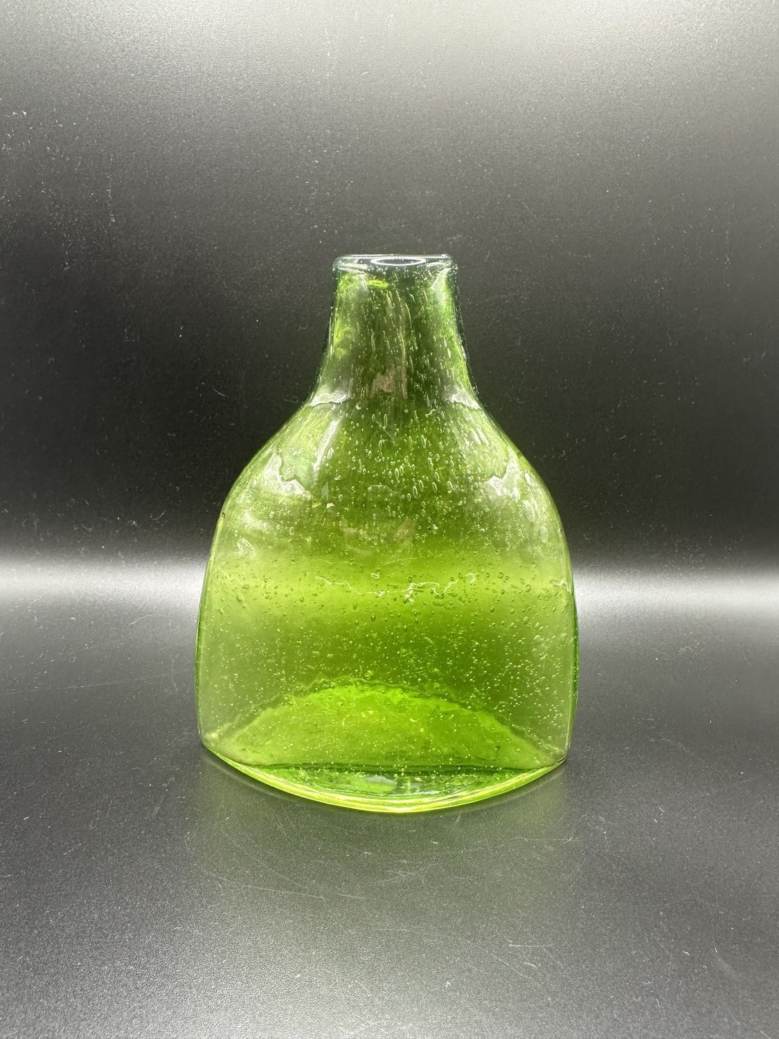 Glass. Italy. Amici. Bell-shaped Hand Blown Bubble Glass Vase. Green. 4.75&quot;W x 6&quot;H