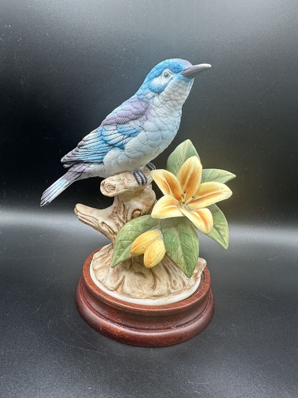 Figurine. Japan. Andrea by Sadek. Blue Jay w/ Yellow Lily. 6.25&quot;H