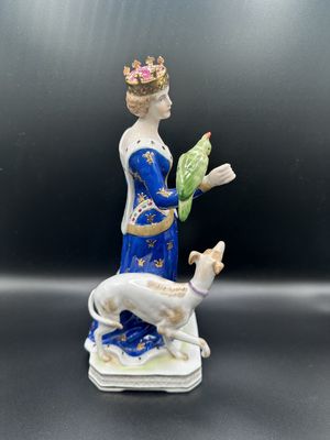 Figurine. Germany. Meissen. Porcelain. Woman with Crown, Parrot, &amp; Dog. Blue Dress w/Gold Accents. Antique (1800s). 10"H