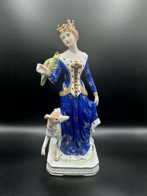 Figurine. Germany. Meissen. Porcelain. Woman with Crown, Parrot, &amp; Dog. Blue Dress w/Gold Accents. Antique (1800s). 10"H
