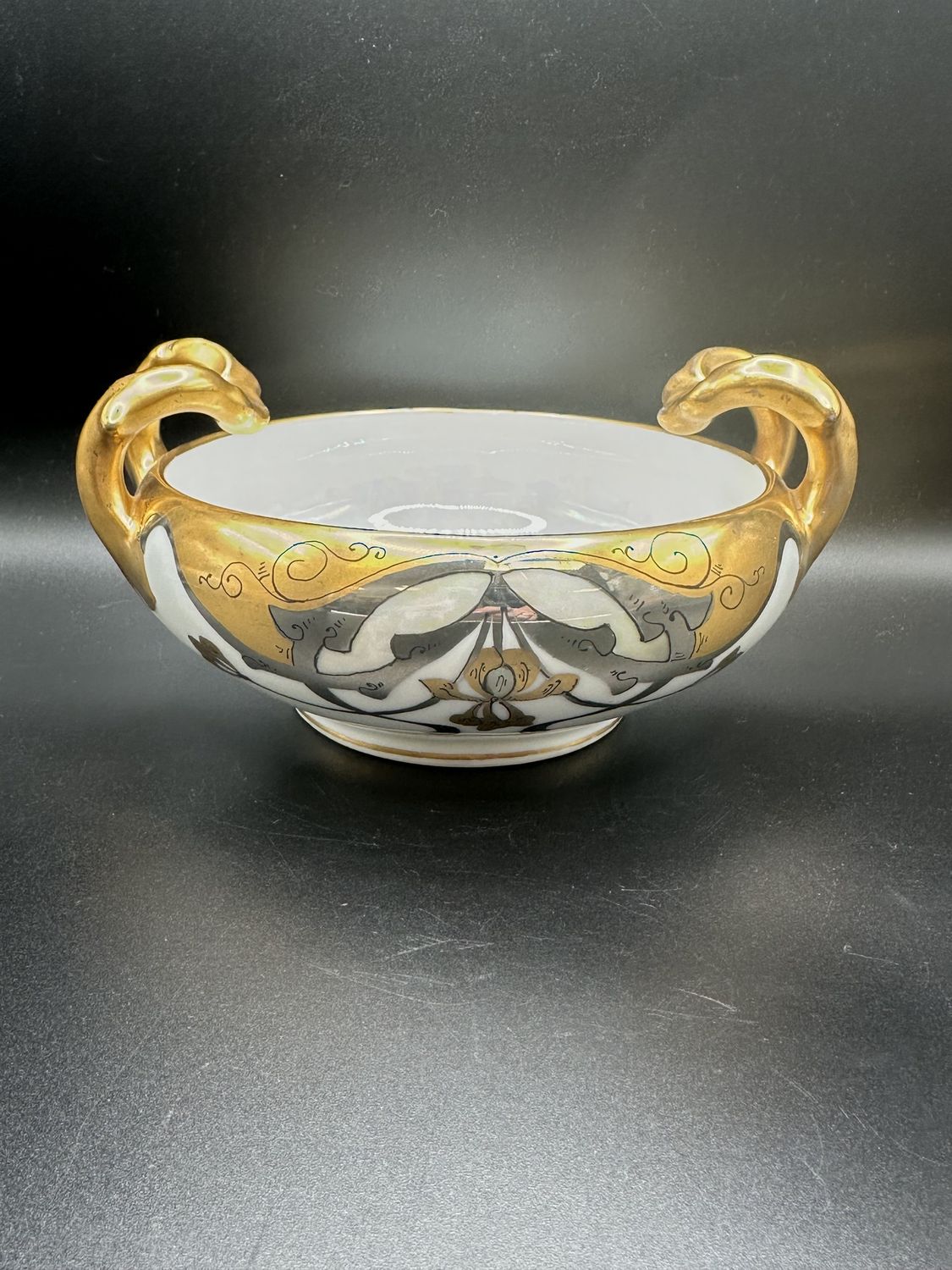 Porcelain. Germany. Antique Art Deco Bowl. Circa 1905-1920. White w/Gold Handles &amp; Opalescent Interior. 6.5&quot;W