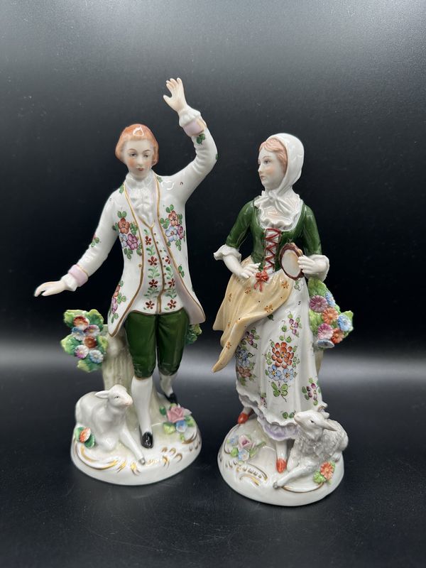 Porcelain. Germany. Sitzendorf.  Pair of Early 20th Century Figurines of Man &amp; Woman Dancing Among Sheep. ~7&quot;H
