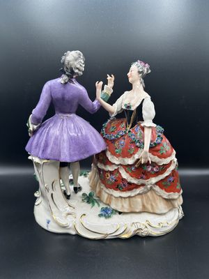 Figurine. Italy. Capodimonte. Porcelain. Colonial Couple Dancing, Wearing Red Dress &amp; Purple Coat. 9"W x 9"H