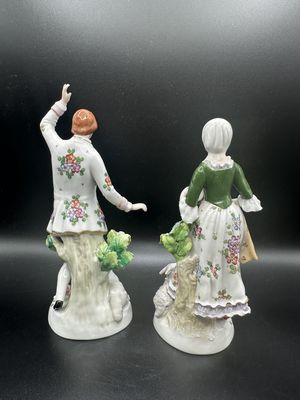 Porcelain. Germany. Sitzendorf.  Pair of Early 20th Century Figurines of Man &amp; Woman Dancing Among Sheep. ~7"H