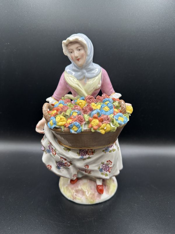 Figurine.  France. Porcelaine de Paris. Antique Hand-Painted Flower Girl from Late 1800s. 8&quot;H