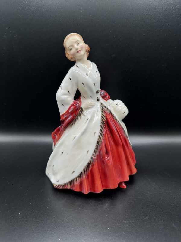 Figurine. England. Royal Doulton. The Ermine Coat. Vintage (1981). Lady in White &amp; Red Gown. 7.5&#39;&#39;H