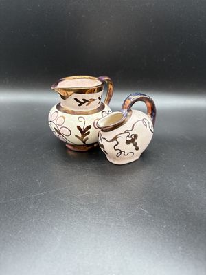 Porcelain. England. Lancasters Ltd. Pink and Copper Set of 2 Miniature Pitchers. 2.75"H