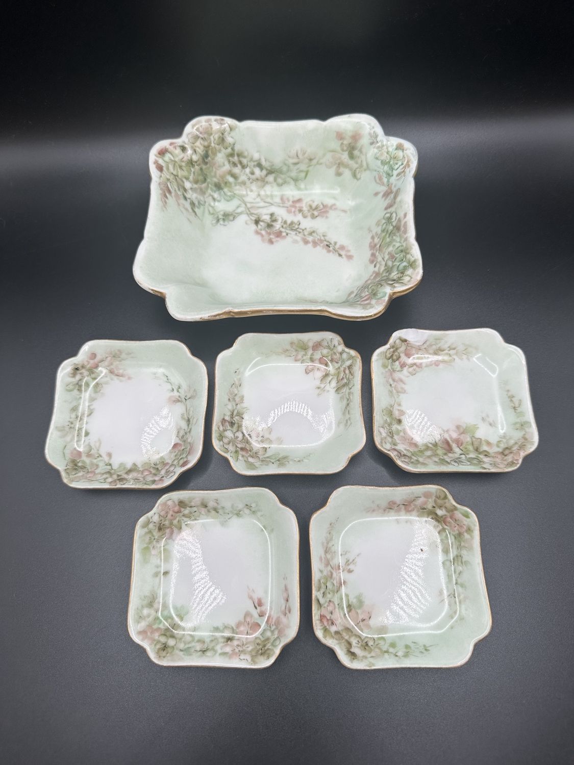 Porcelain. France. Haviland &amp; Co. Limoges. 6-Piece Butter Dish Set. Mint Green. Signed E. Kirkpatrick. Antique (1850-1920)
