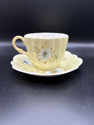 Porcelain. England. Clare. Teacup &amp; Saucer. Yellow with Florals. Cup is 2.5"H