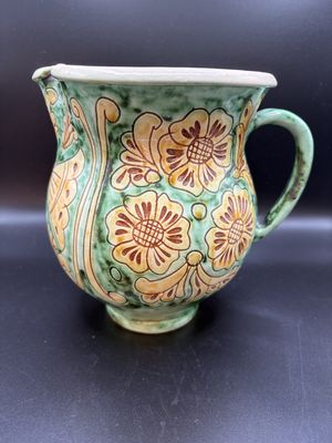 Ceramic. Greece. Molnos Jozsef. Pitcher. Green w/ Hand-painted Yellow Floral Design. 6.75"H