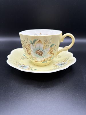 Porcelain. England. Clare. Teacup &amp; Saucer. Yellow with Florals. Cup is 2.5"H