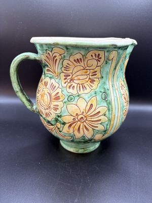 Ceramic. Greece. Molnos Jozsef. Pitcher. Green w/ Hand-painted Yellow Floral Design. 6.75"H