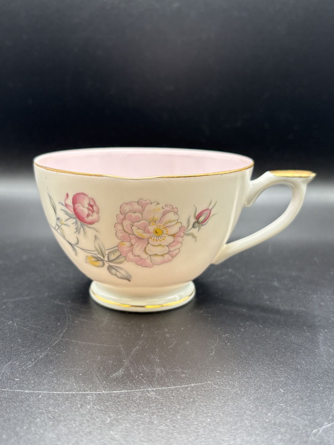 Porcelain. Lefton China. Japan. Hand Painted White Teacup w/ Floral Design and Purple Interior. 2.5&quot;H