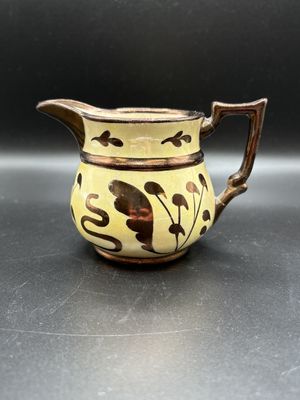 Porcelain. England. Pitcher. Copper Lusterware. Yellow w/ Brown Floral Pattern. 3"H