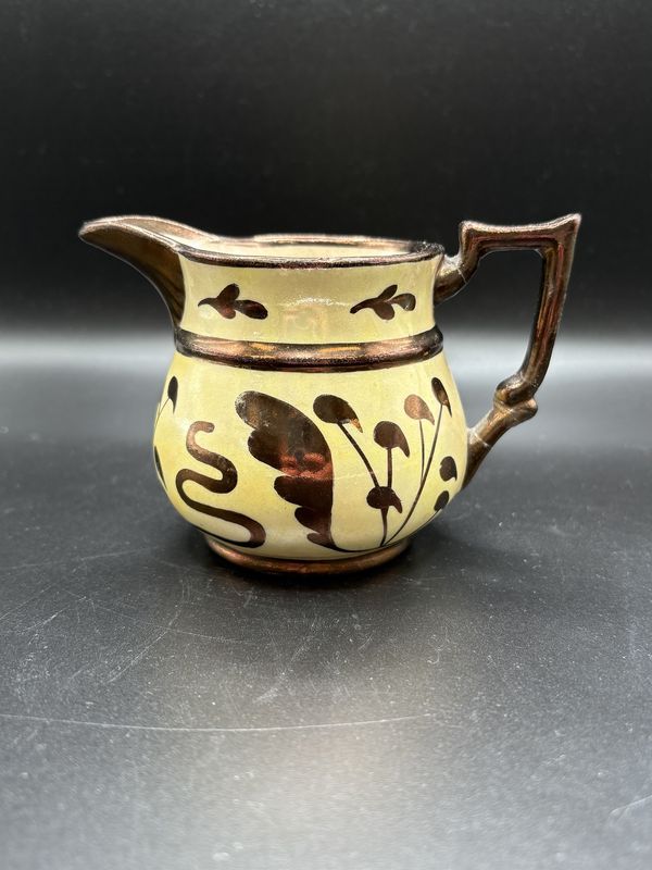 Porcelain. England. Pitcher. Copper Lusterware. Yellow w/ Brown Floral Pattern. 3&quot;H