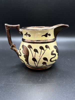 Porcelain. England. Pitcher. Copper Lusterware. Yellow w/ Brown Floral Pattern. 3"H