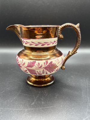 Porcelain. England. Copper Lusterware Pitcher w/ White &amp; Pink Floral Pattern.  4"H