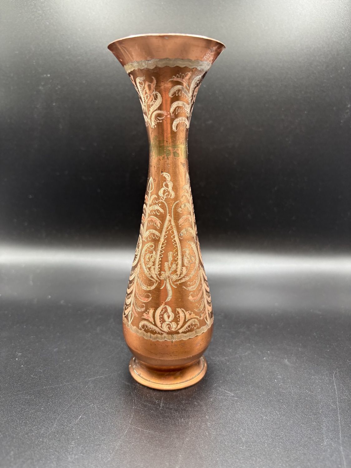 Dishware. Turkey. Copper Vase w/ Floral Pattern Engraved. 7.5&quot;H