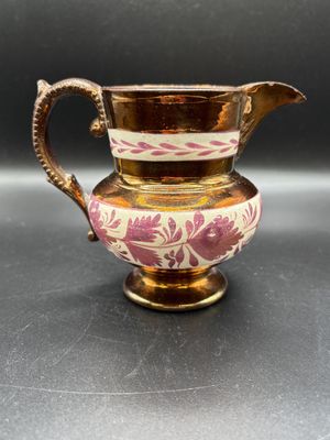 Porcelain. England. Copper Lusterware Pitcher w/ White &amp; Pink Floral Pattern.  4"H