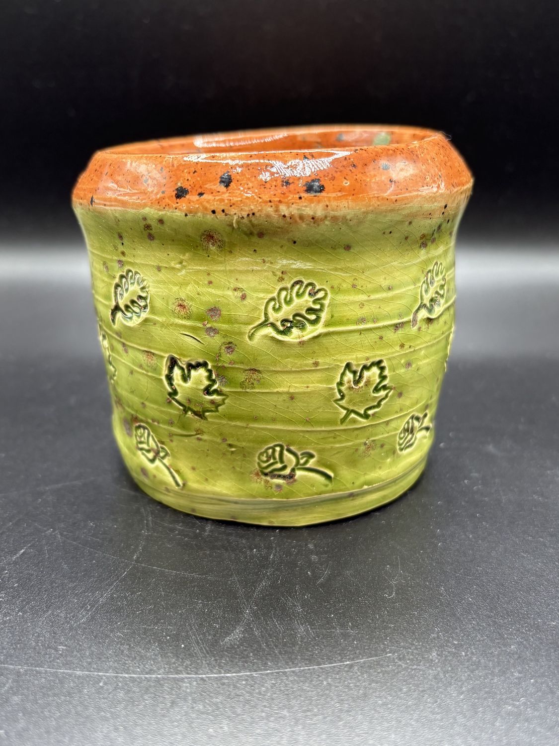 Pottery. USA. PC. Small Wheel-Thrown Pot. Orange Interior &amp; Green Exterior w/ Leaf Design. 3.5&quot;H