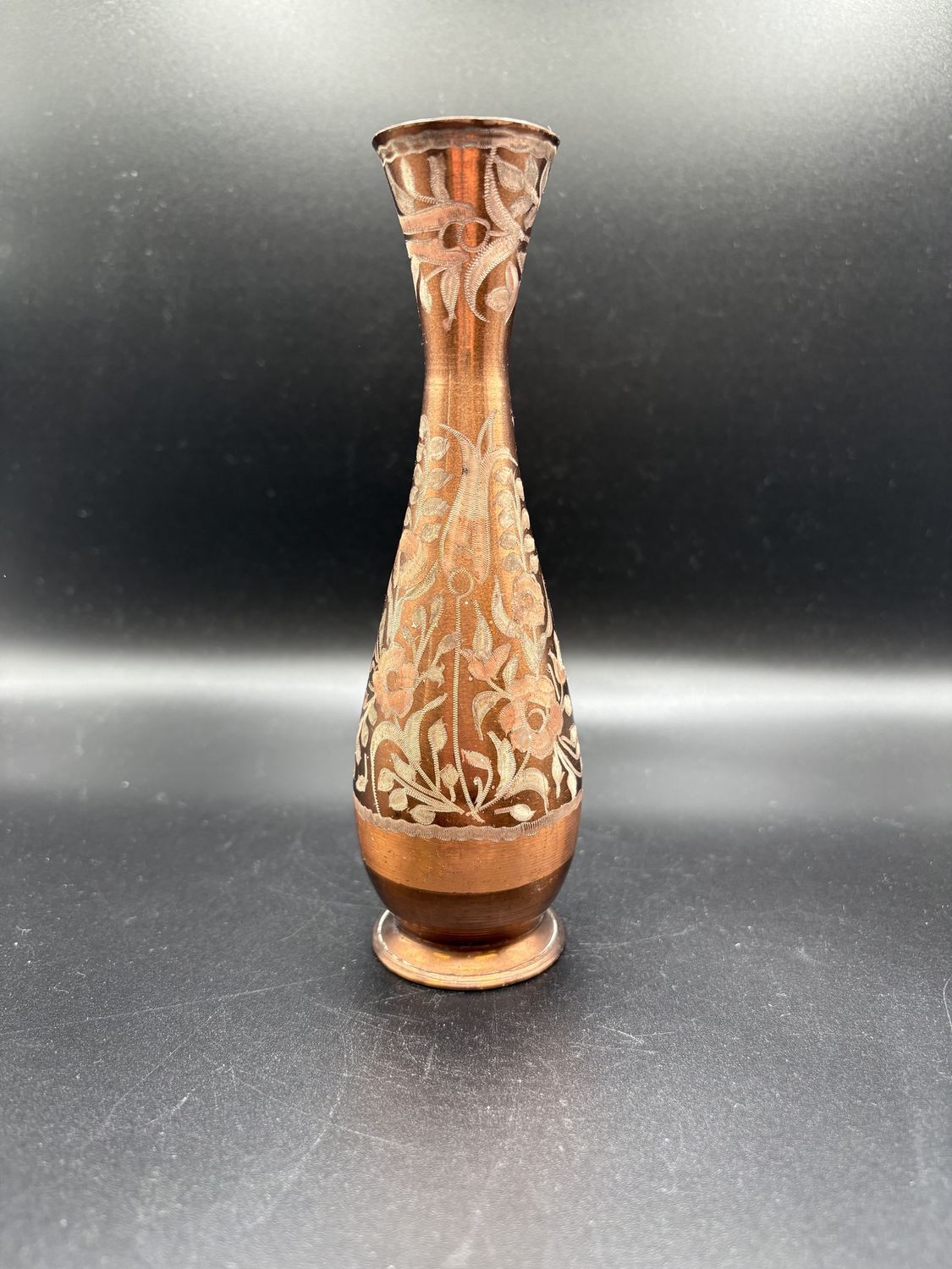 Dishware. Turkey. Copper Vase w/ Floral Pattern Engraved. 6.5&quot;H