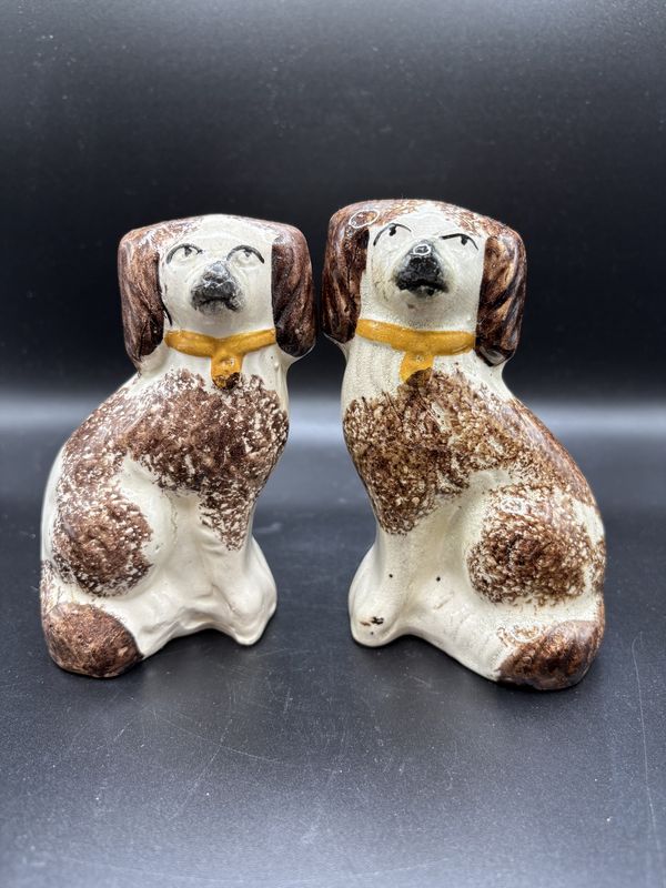 Figurine. England. Staffordshire Pottery. Sponge-decorated Dogs. Brown &amp; White w/ Yellow Collars. Antique (1800s). 5.5&quot;H
