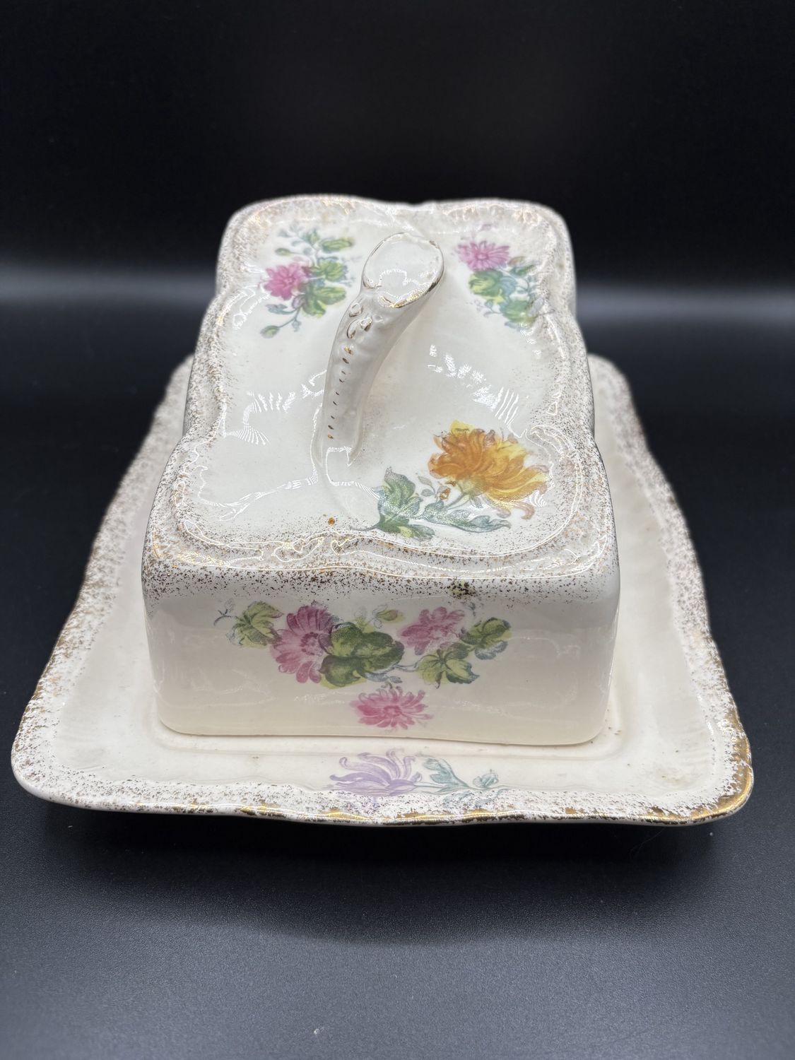 Porcelain. Germany. Franz Anton Mehlem. Covered Cheese Dish. White w/ Floral Decoration. Antique. 5&quot;H