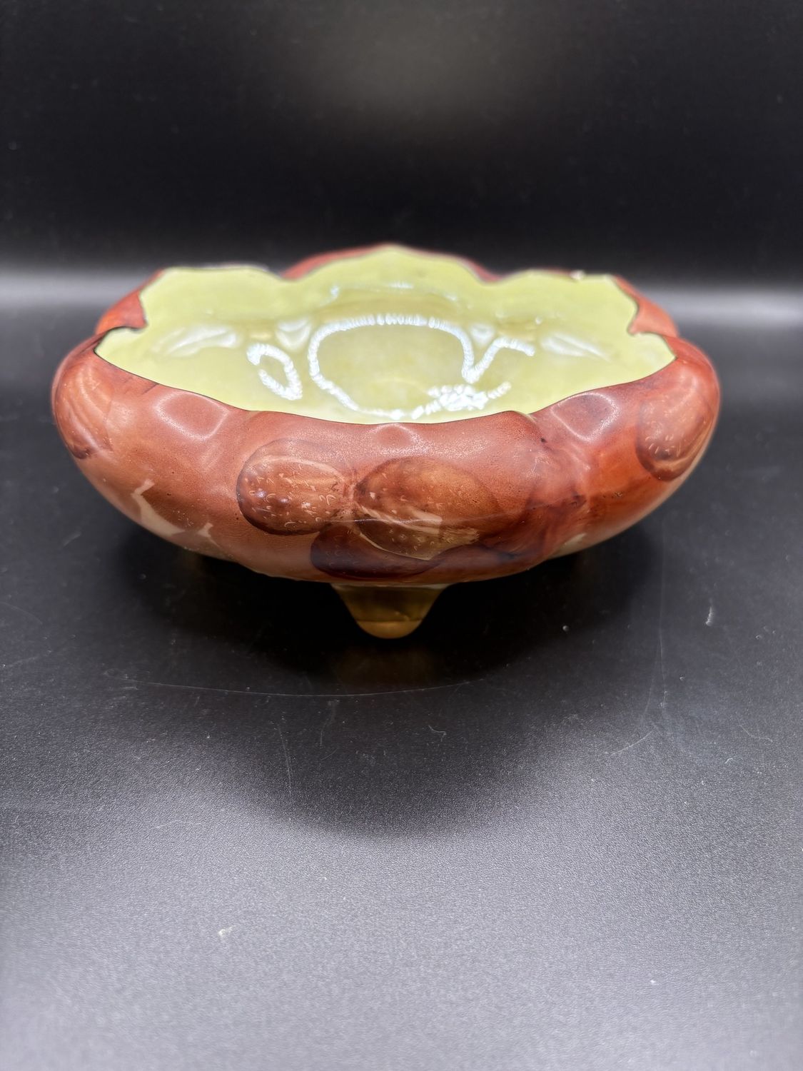 Porcelain. Austria. O&amp;EG Royal Austria. Footed Bowl w/ Leaf Shape Design. Yellow w/Brown Edges &amp; Gold Feet. Yellow Luster Interior. Hand-painted. Antique (1899-1918). 7&quot;W