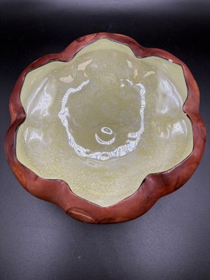 Porcelain. Austria. O&amp;EG Royal Austria. Leaf-shaped Footed Bowl. Yellow w/Brown Edges &amp; Gold Feet. Yellow Luster Interior. Antique (1899-1918). 7"W