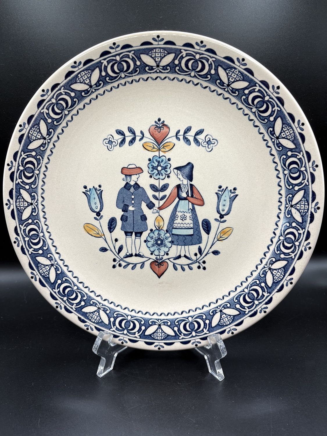 Dishware. England. Johnson Brothers. &quot;Hearts and Flowers&quot; Dinner Plate (Set of Two). Dutch Pattern w/ Couple &amp; Flowers. 10&quot;W