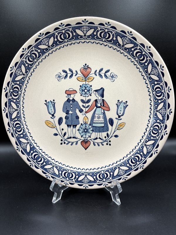Ceramic. England. Johnson Brothers. &quot;Hearts &amp; Flowers&quot; Dinner Plate (Set of Two). Dutch Pattern w/ Couple &amp; Flowers. 10&quot;W