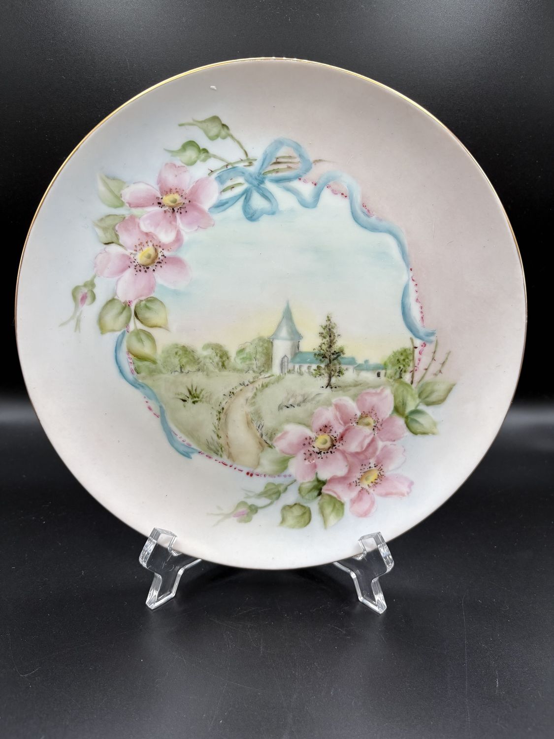 Dishware. Germany. Hand Painted Decorative Plate. Floral Border w/ Church &amp; Field Background.  9.25&quot;W