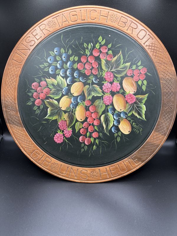 Decor. Germany. E. Kaiser. Decorative Wood Tray w/ Painted Fruit Center. Text on Border Reads: &quot;UNSER TAGLICH BROT GIB UNS HEUTE&quot; (Our Daily Bread Give Us Today). Vintage (1999). 14.5&quot;W