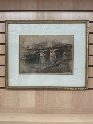 Artwork (Engraving, Colored). France. "Pont Neuf (New Bridge)." Bridge on the River Seine in Paris. Antique. 18"H x 21.5"W