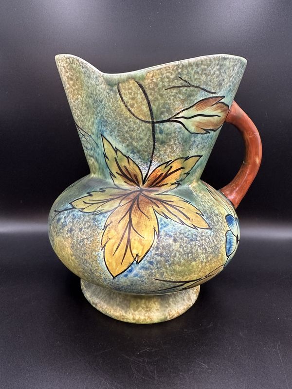 Ceramic. England. Clews &amp; Co. Ltd. Chameleon Ware. Pitcher. Teal w/ Painted Floral Design. Antique (1912-13). 9&quot;H