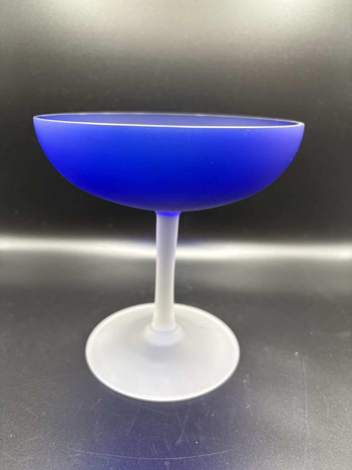 Drinkware. Champagne Coupe Glass. Cobalt Blue w/Frosted Stem 6.5&quot;H