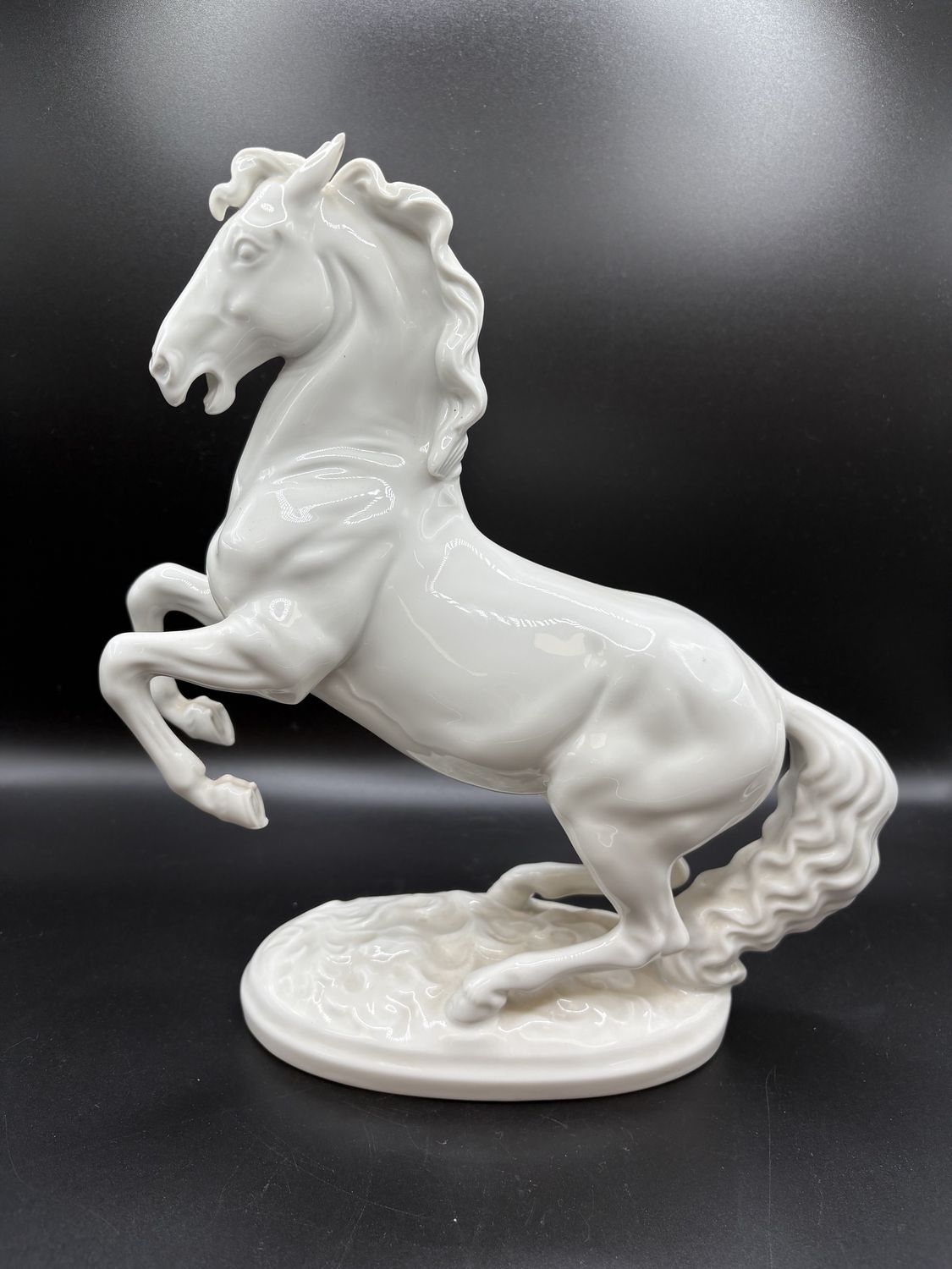 Figurine. Austria. Augarten Wein. Horse on Hind Legs. Glossy White. Vintage (~1932). 10.5&quot;H