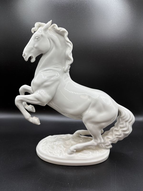 Figurine. Austria. Augarten Wein. Horse on Hind Legs. Glossy White. Vintage (~1932). 10.5&quot;H