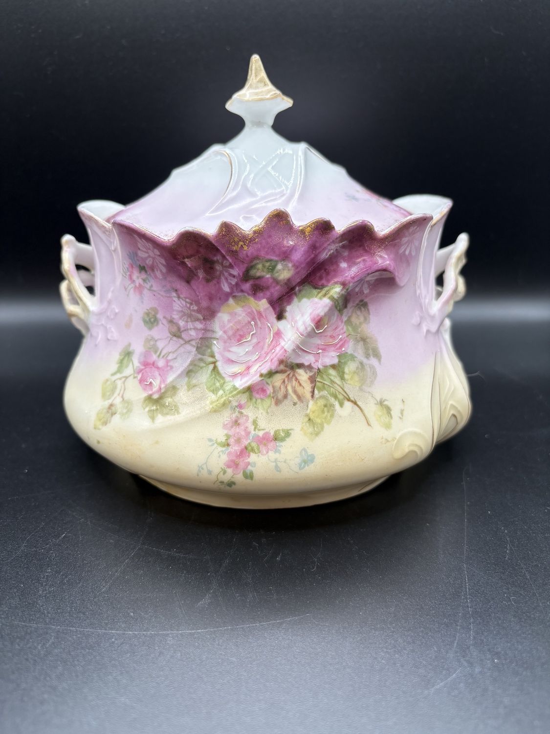 Porcelain. Prussia. Hand Painted Biscuit Jar (White &amp; Pink). 7.5&quot;H