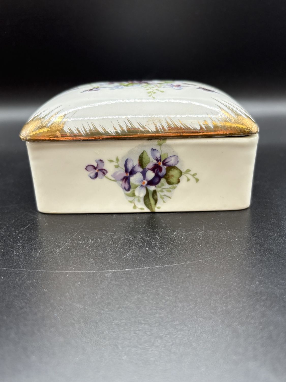 Porcelain. Japan. Fern. Trinket Box. White w/ Hand-painted Purple Flowers &amp; Gold Trim. Vintage. 2.5&quot;H