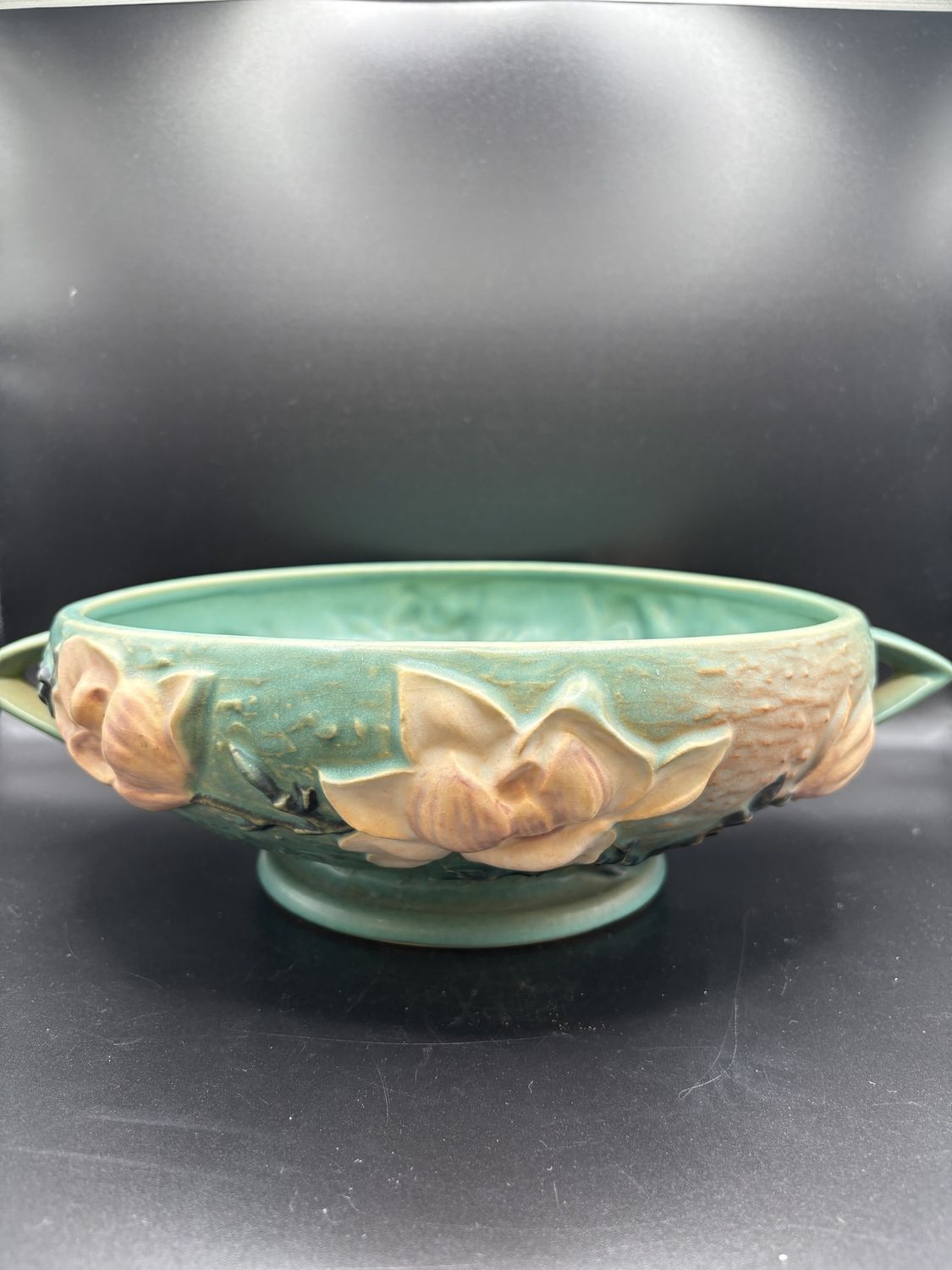 Ceramic. USA. Roseville Pottery. Magnolia Console Bowl (Teal w/ White Flowers). 14&quot;W