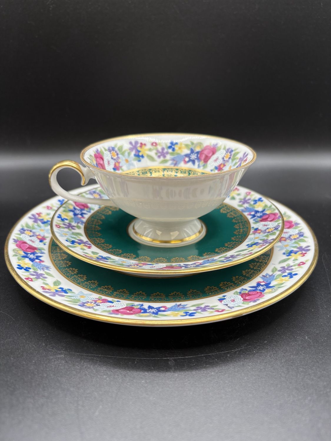 Porcelain. Germany. Rindolf Wachters. Teacup, Saucer, &amp; Plate (3-Piece Set). White &amp; Teal w/Pink &amp; Blue Flowers