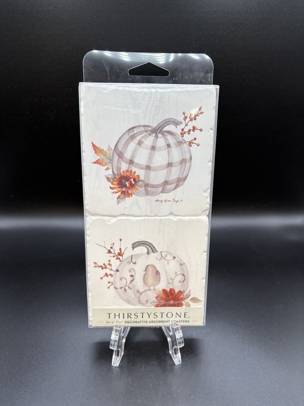 Home Decor. USA. Thirstystone. Coaster [NEW]. 4pk Chinoiserie Fall Pumpkins Tumbled Tiles.  4&quot;W