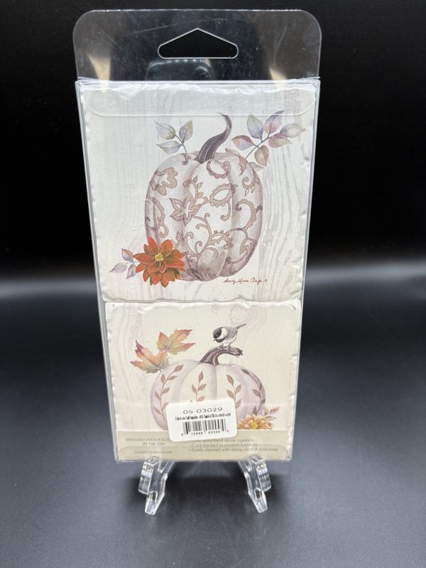 Home Decor. USA. Thirstystone. Coaster [NEW]. 4pk Chinoiserie Fall Pumpkins Tumbled Tiles.  4"W