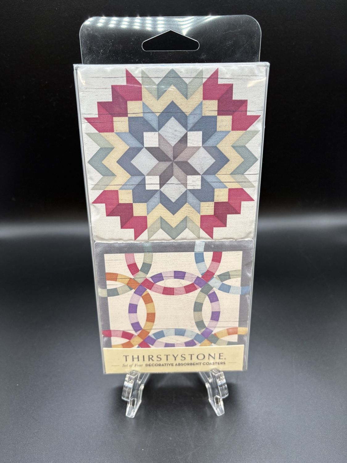 Home Decor. USA. Thirstystone. Coasters [NEW]. 4pk Barn Quilt Design Tumbled Tile. 4&quot;W