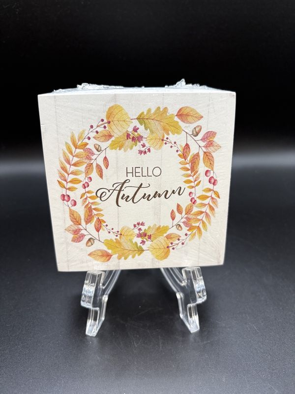 Home Decor. USA. Highland Home. Wooden Block [NEW].  Hello Autumn Decorative Block. 4&quot;W