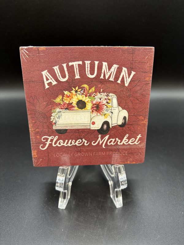Home Decor. USA. Highland Home. Wooden Block [NEW]. Autumn Flower Market Decorative Block. 4&quot;W