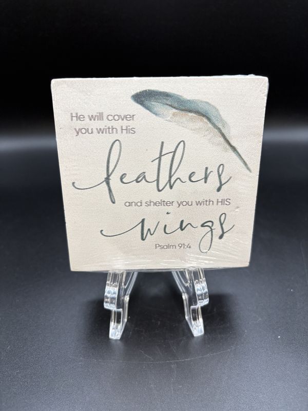 Home Decor. USA. Highland Home. Wooden Block [NEW]. Cover with Feathers Decorative Block. 4&quot;W