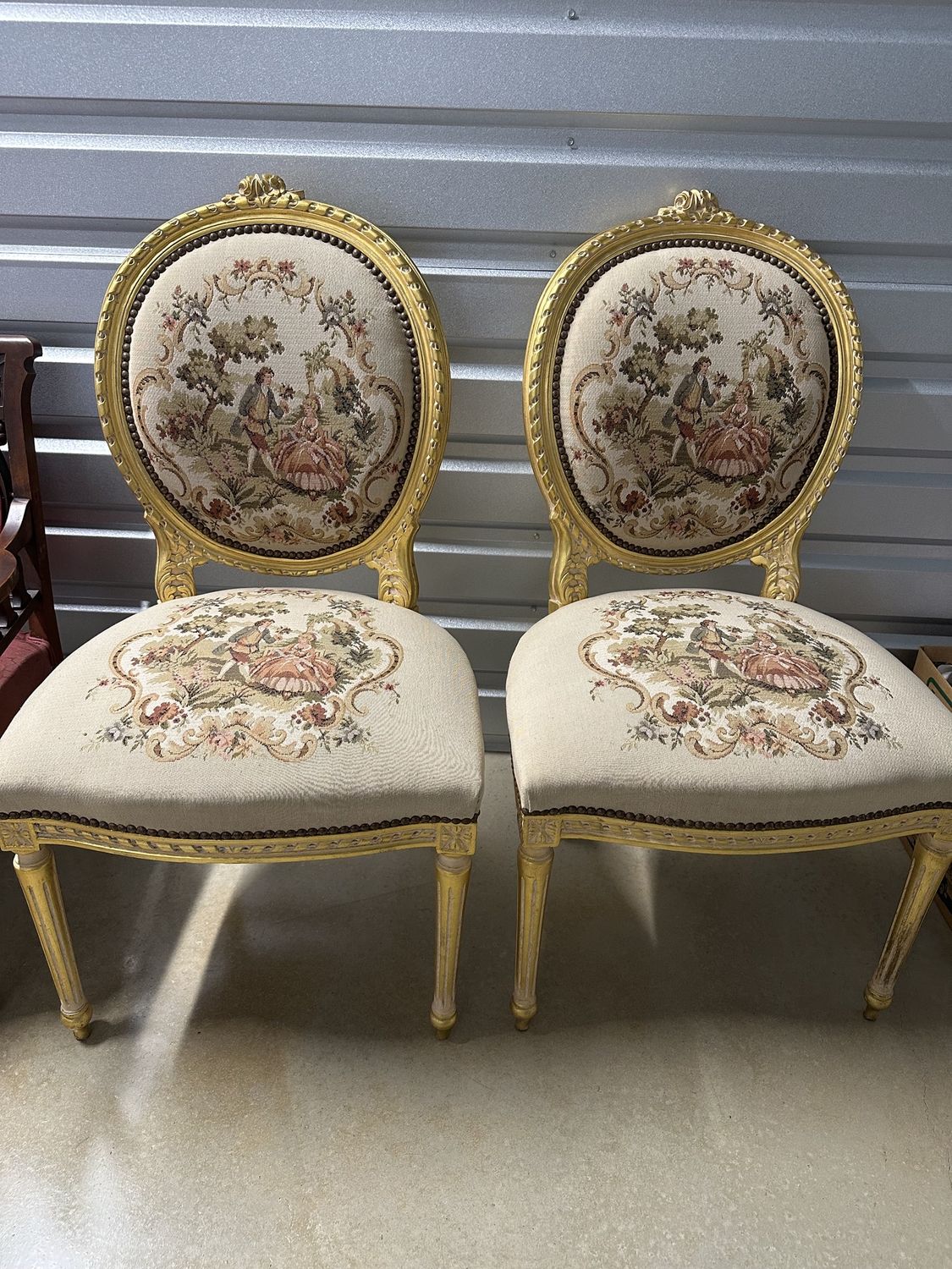 Furniture. Egypt. Chair (Set of 2). Louis XVI-Style. Cream Fabric with Gold Gilding.